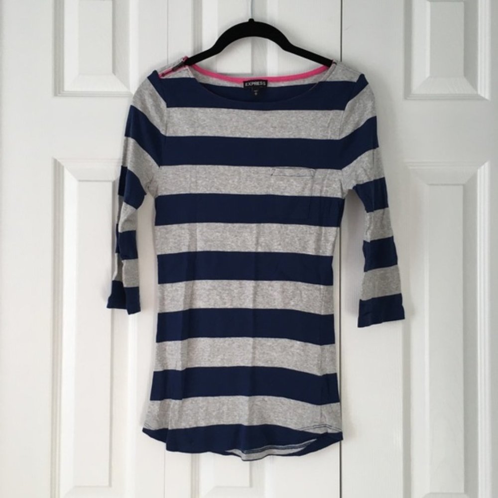 Express Navy & Gray Striped Boatneck 3/4 Sleeve Top